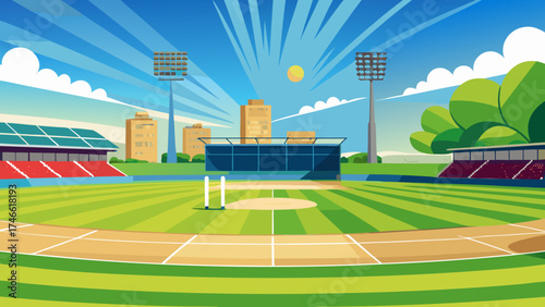 Vector art of vibrant cricket stadium illustration with lush green field and blue sky