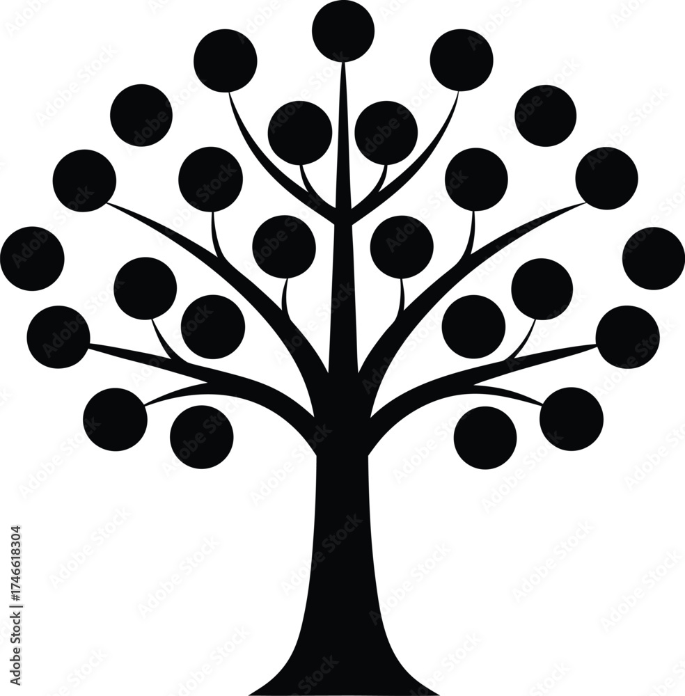 Fototapeta premium Stylized Black Tree Silhouette with Circular Leaves Icon