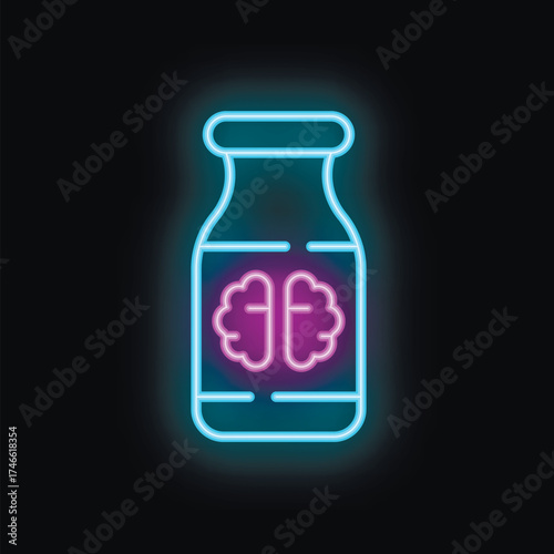 Neon sign of a bottle with brain pills glowing on black background, representing nootropics and smart drugs