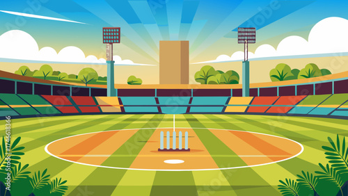 Vector art of beautiful cricket stadium with green grass and blue sky in the background