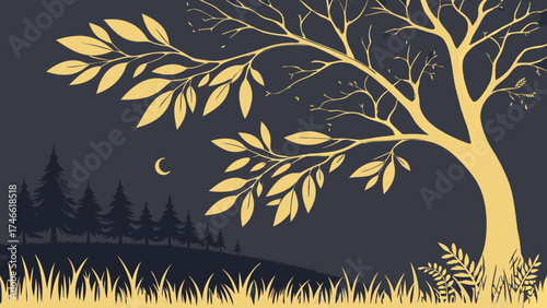 Silhouetted Tree and Landscape in Dark Night Scene.