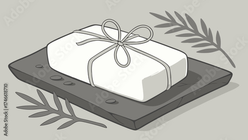 Spa Soap Bar on Stone Dish Monochrome Illustration Natural Handmade Soap Gift Hygiene Wellness Relaxation Bathroom Decor.