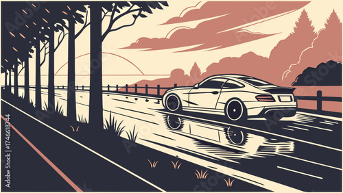 Sports car driving on a wet road at sunset.