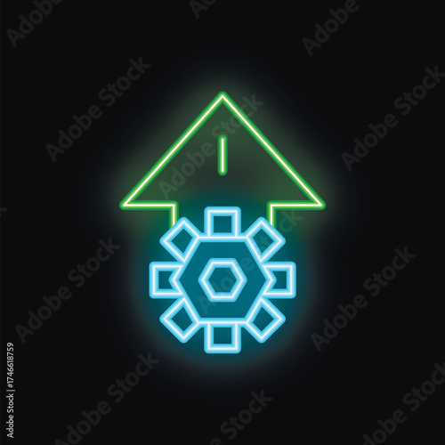 Neon green up arrow pointing at a blue gear on a black background representing the concept of system upgrade