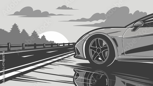 Sports Car on Highway at Sunset Monochrome Illustration Speed Travel Road Trip.
