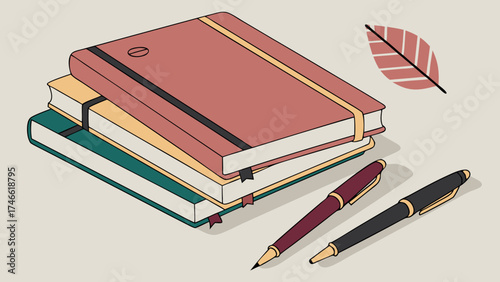 Stack of Books and Pens.