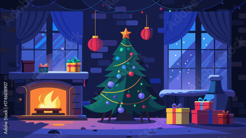 Vector art of christmas eve scene with decorated tree and fireplace in a cozy apartment