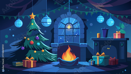 Vector art of christmas eve scene with decorated tree and fireplace in a cozy interior