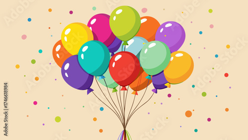 Vector art of bunch of colorful balloons floating in the air with confetti around it
