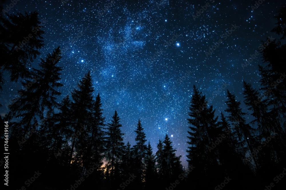 Fototapeta premium Starry night sky with dark silhouettes of pine trees, beautiful scenery. Use as a nature backdrop, travel promo, or spiritual, calming visual.