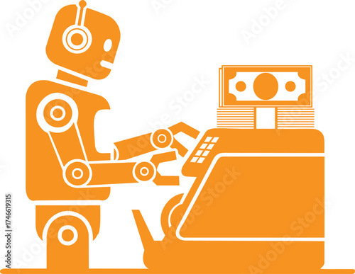 Futuristic orange robot with headphones typing on a computer keyboard and cash displayed on screen representing financial technology and automation