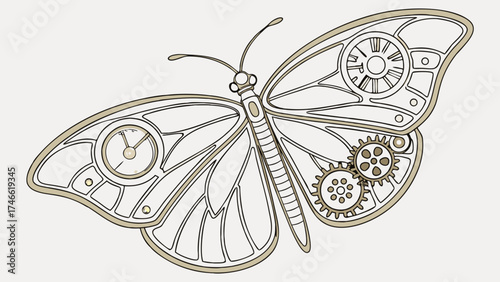 Steampunk Butterfly Design with Clockwork Gears and Watch Details - Vector Illustration.