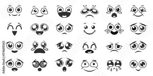 Collection of diverse cartoon face expressions and emotions in black and white