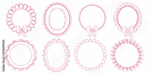 Collection of eight delicate pink decorative frames and borders with bows and scalloped edges