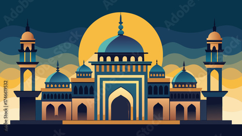Illustration of a mosque with minarets and a crescent moon at sunset