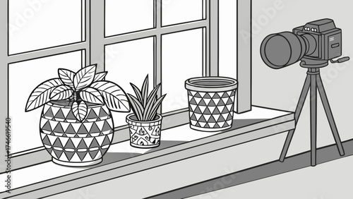 Still life photography setup with camera on tripod and potted plants on windowsill.