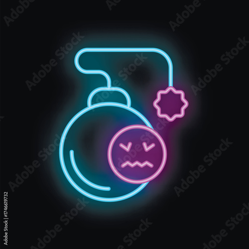 Neon bomb with a sad face is glowing, showing the concept of stress
