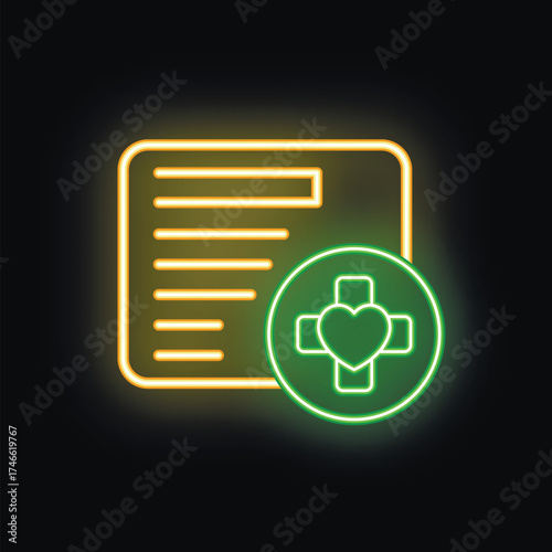 Glowing neon icon of medical record with heart and cross symbol on black background