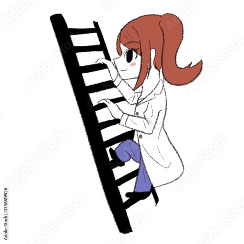 白衣を着た女の子が黒いはしごを登っている