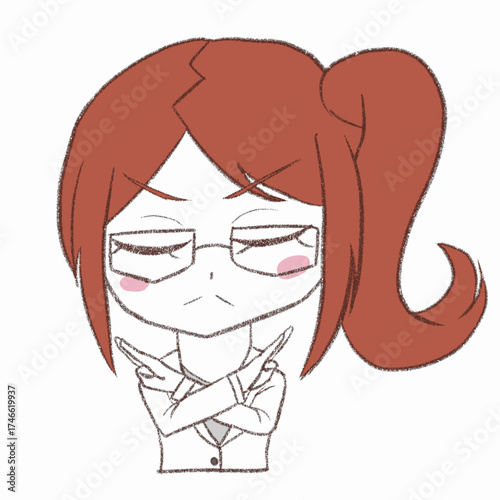 白衣を着た女の子が腕でバツを作っている