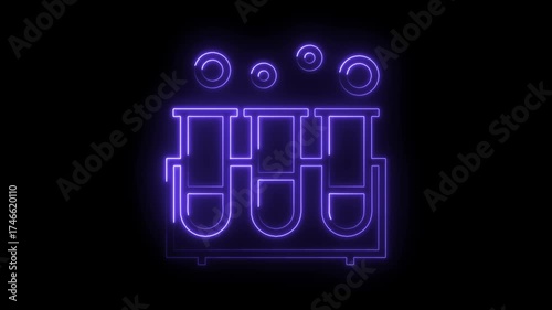 Neon laboratory test tubes with bubbles glow against black background animated science concept