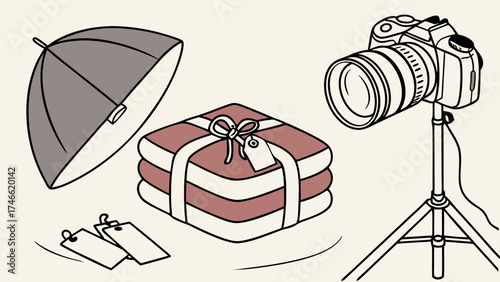 Studio Photography Setup Illustration of Camera Lighting and Props.