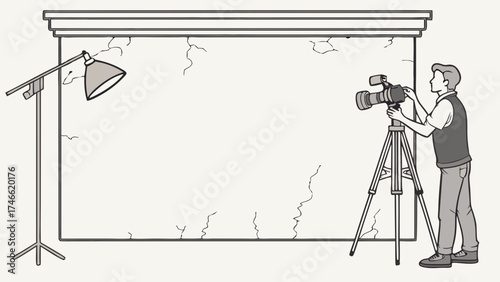 Studio Photography Setup Person with Camera on Tripod Lighting and Backdrop.