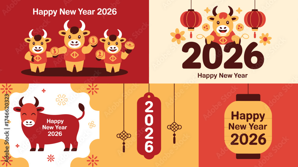 Fototapeta premium Colorful 2026 New Year Design Featuring Oxen, Lanterns, and Celebratory Greetings in Festive Layouts
