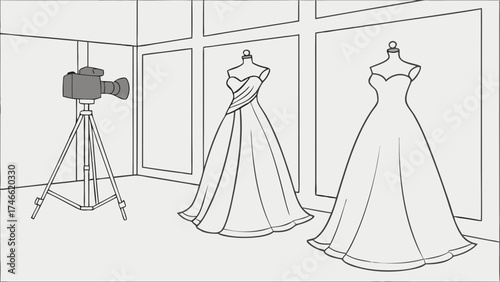 Studio Photography Setup with Wedding Dresses on Mannequins.