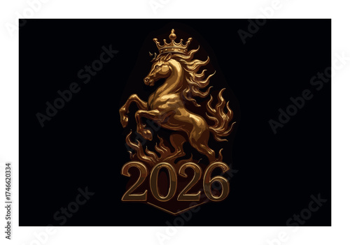 Golden horse emblem with crown and year 2026 on black background