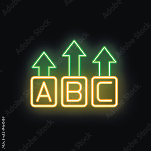 Neon sign depicting green up arrows over abc blocks representing education and growth concept