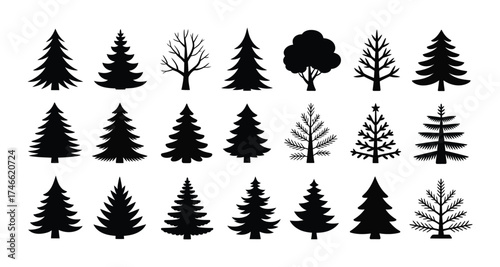 Set of Twenty Black and White Tree Silhouettes Vector Illustration