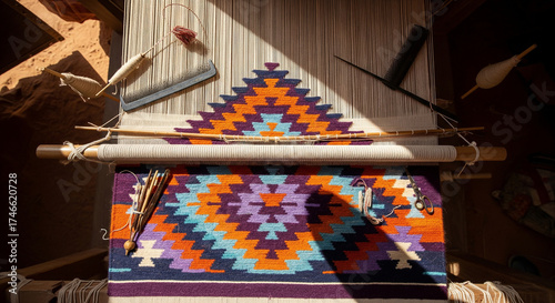 Top view of a traditional loom weaving a colorful geometric rug 