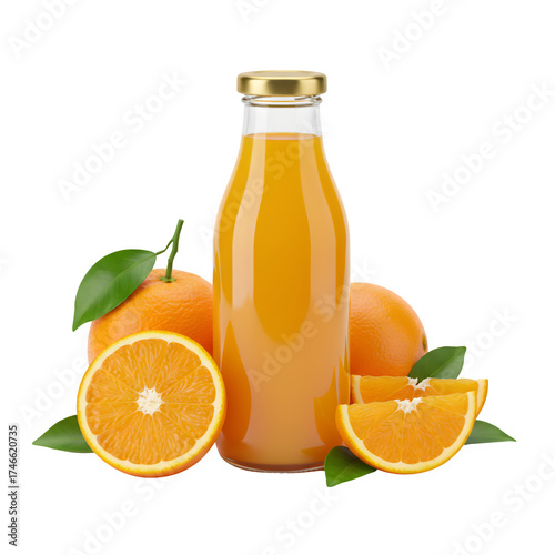 Glass bottle of fresh orange juice with whole and sliced oranges and a gold cap