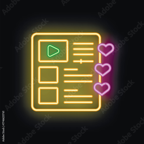 Glowing neon sign showing a mobile app interface with a video player, text and three likes
