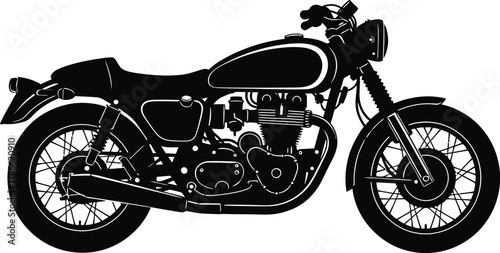 Illustration of a black motorcycle isolated on white background, showcasing its design and features in a simple yet detailed vector graphic