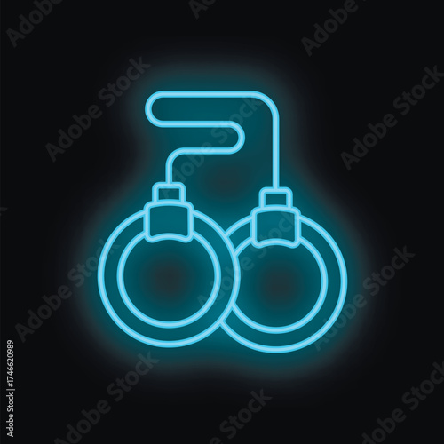 Blue neon sign icon of gymnastic rings hanging on isolated black background