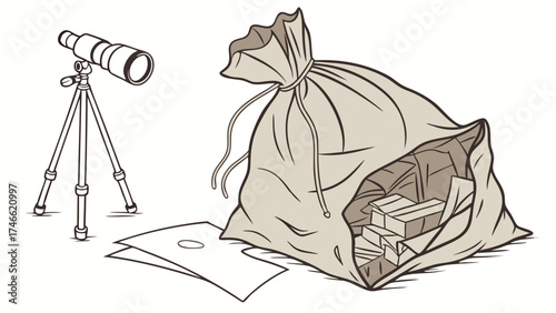 Telescope Tripod Sack of Objects and Discs Illustration for Hobby Travel or Exploration.