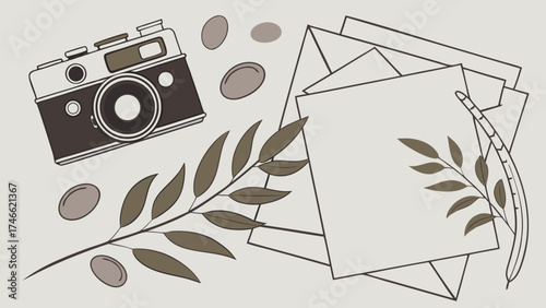Vintage Camera Leaves and Envelopes.