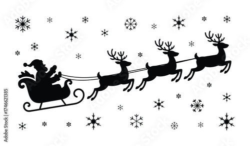 Santa Claus in Sleigh Pulled by Reindeer Flying Through Snowflakes Winter Night Vector Illustration