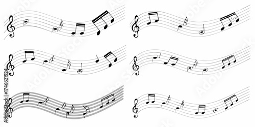 Collection of six wavy musical staffs with black notes and treble clefs on a white background