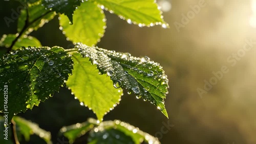 Dew-Kissed Green Leaves Gleaming in Golden Morning Sunlight, Macro Nature's Serene Beauty