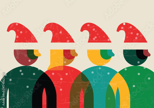 Modern Christmas illustration with people wearing Santa hats