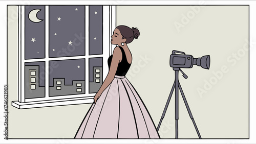 Woman gazing out a window at night with city lights camera on tripod.