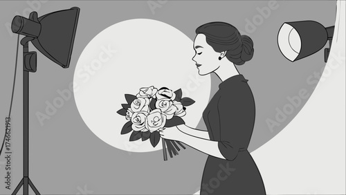 Woman holding a bouquet of roses in a photo studio setting with lighting equipment.