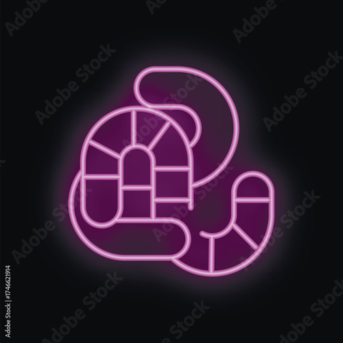 Purple neon icon of hand holding waterpark attraction slide, glowing on black background