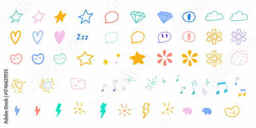 Collection of cute hand drawn doodle icons and symbols in pastel colors on white background