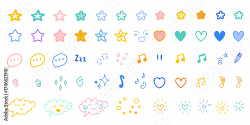 Collection of cute hand drawn pastel icons and symbols for digital use