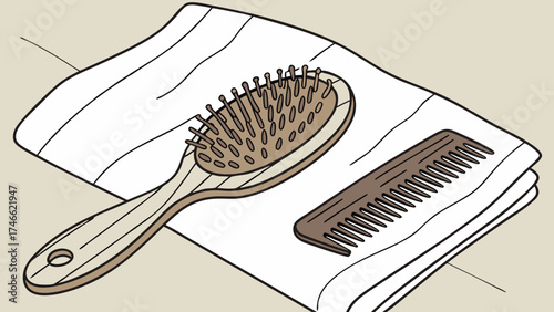 Wooden Hairbrush and Comb on a Towel.