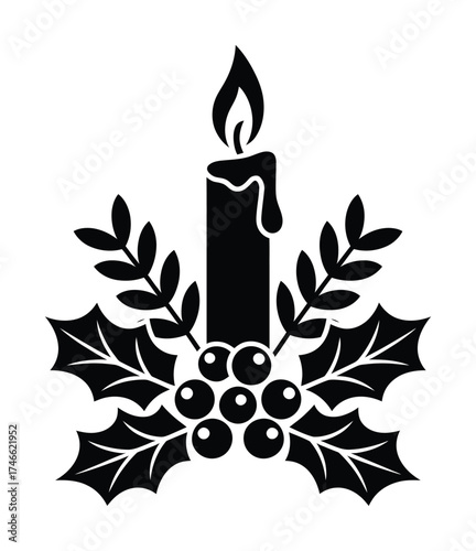 Christmas candle vector silhouette with holly and berry decoration